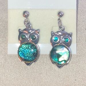 Silver Tine  Owl Earrings with Green Abalone Shell Accents